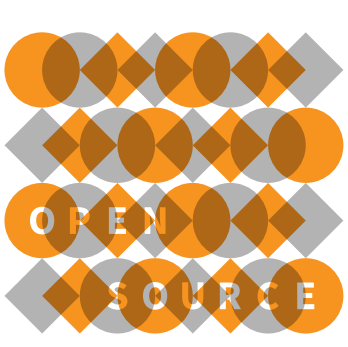 Open Source logo, formed of overlapping squares and circles in orange and gray