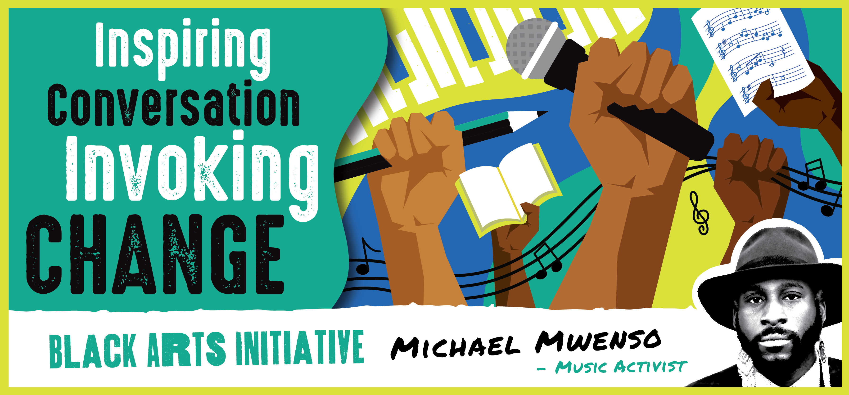 Green and blue graphic of three hands holding a book a mic and a pencil