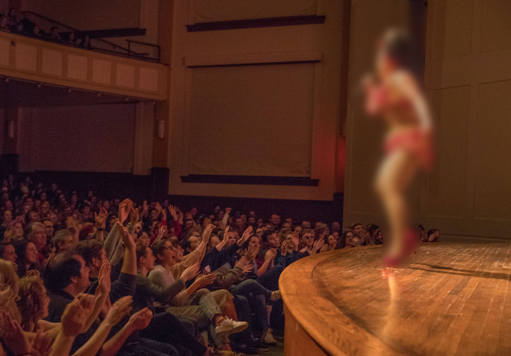 Singer in costume performing on Hall Auditorium stage to excited crowd of people with their hands in the air