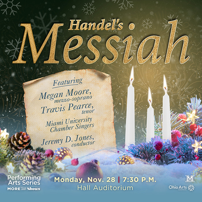Winter Scene with candles berries and snow with a gold and green patterned background and the text Handel's Messiah