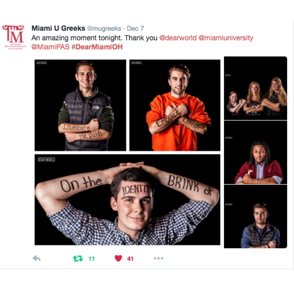 Tweet by @mugreeks, An amazing moment tonight. Thank you @dearworld @miamiuniversity @MiamiPAS #DearMiamiOH. Collage of photos of students with writing on their bodies.