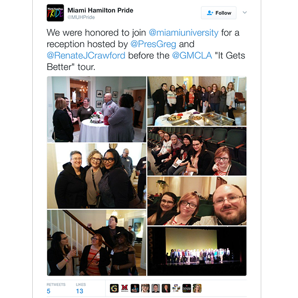Tweet by @MUHPride, We were honoted to join @miamiuniversity for a reception hosted by @PresGreg and @RenateJCrawford before the @GMCLA “It Gets Better” tour. Collage of photos from the reception and sitting in seats at auditorium