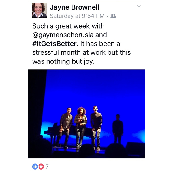 Instagram post by Jayne Brownell, Such a great week with @gaymenschorusla and #ItGetsBetter. It has been a stressful month at work but this was nothing but joy. Picture of the stage production of It Gets Better.