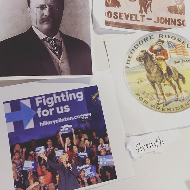 photos of election propaganda pinned to a wall