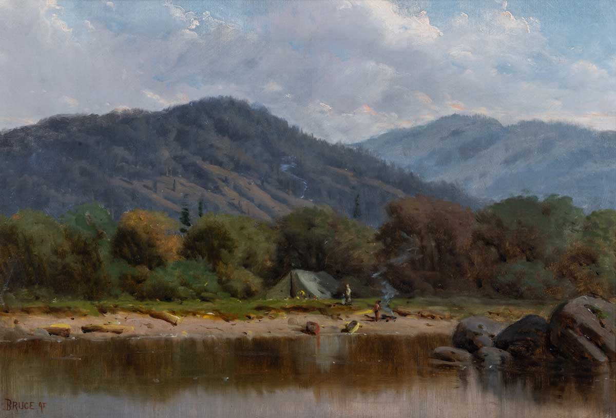 Oil painting by William Blair Bruce a Canadian artists painted in 1895 of a mountainous landscape scene with a river and river bank with a tent camp setting.