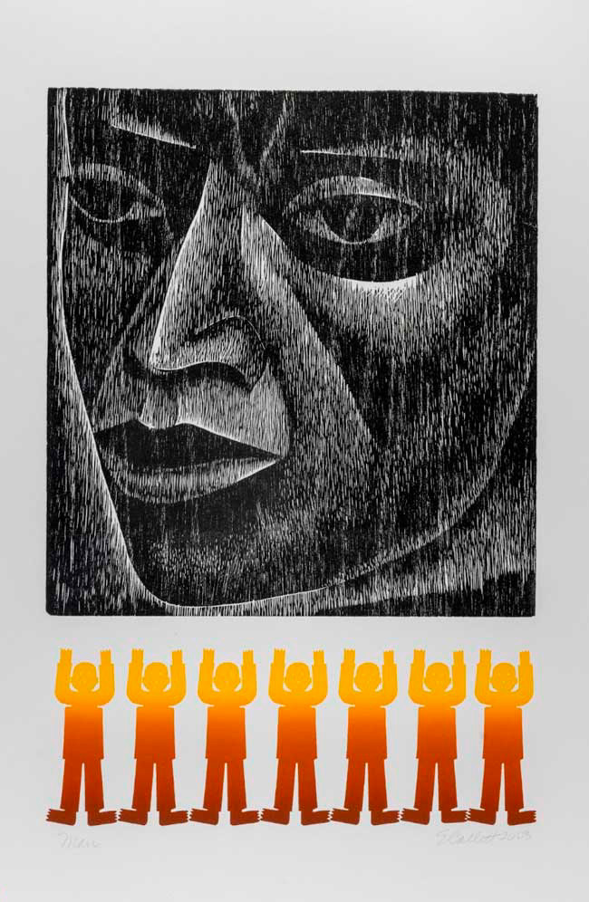 woodcut print featuring an up close view of a man's face with seven silhouettes of men with their arms raised