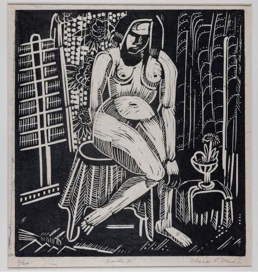 woodcut print of a nude woman siting on a chair
