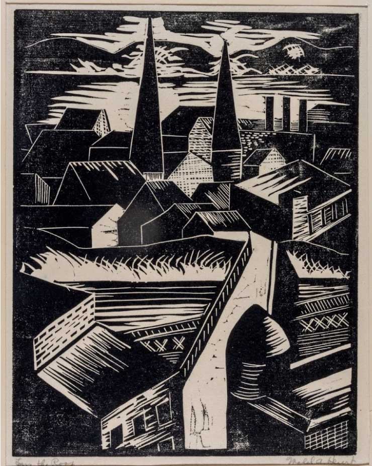 a woodcut print of an view of a town from a roof