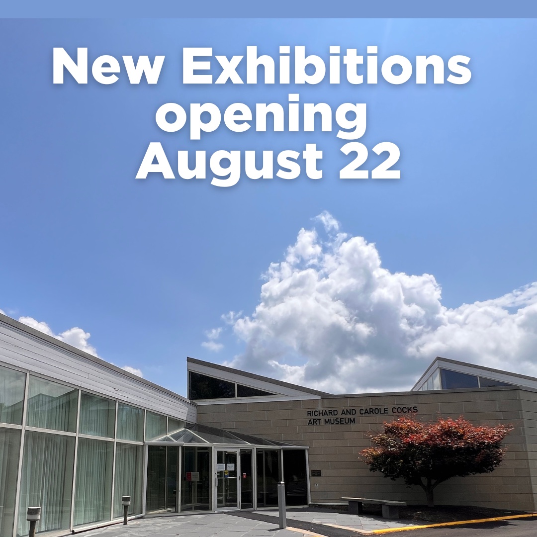 Photo of front of art museum with text new exhibitions opening august 22