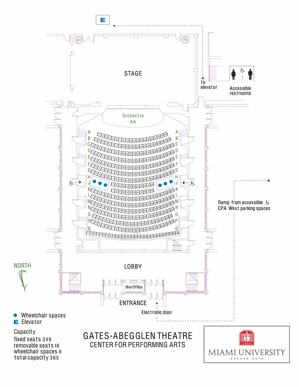 Gates-Abegglen Seating showing one elevator, 349 fixed seats, 16 removeable seats, 6 wheelchair spaces giving a total capacity of 365. Paths are highlighted from the elevator to accessible restrooms and the ramp from accessible parking in the CPA West parking lot to the main entrance with an electronic door.