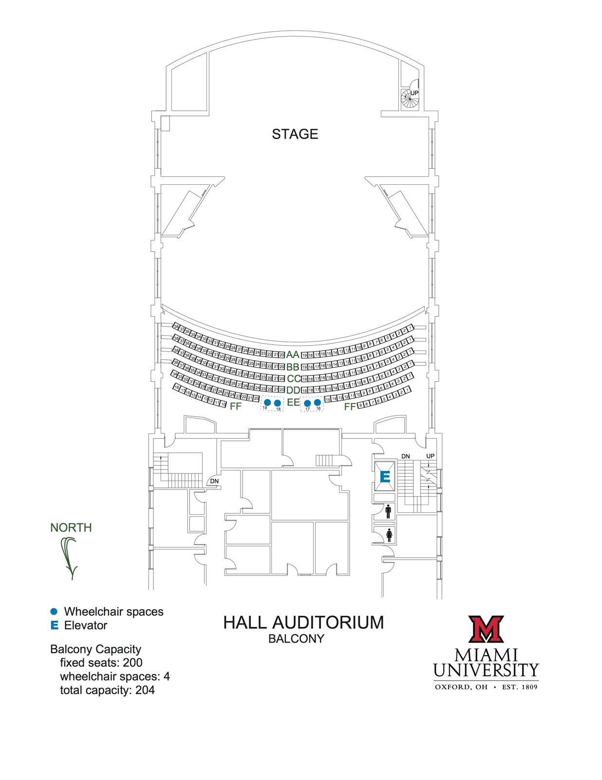 Hall Auditorium Balcony Seating showing one elevator and 200 fixed seats and 4 wheelchair spaces giving a total capacity of 204