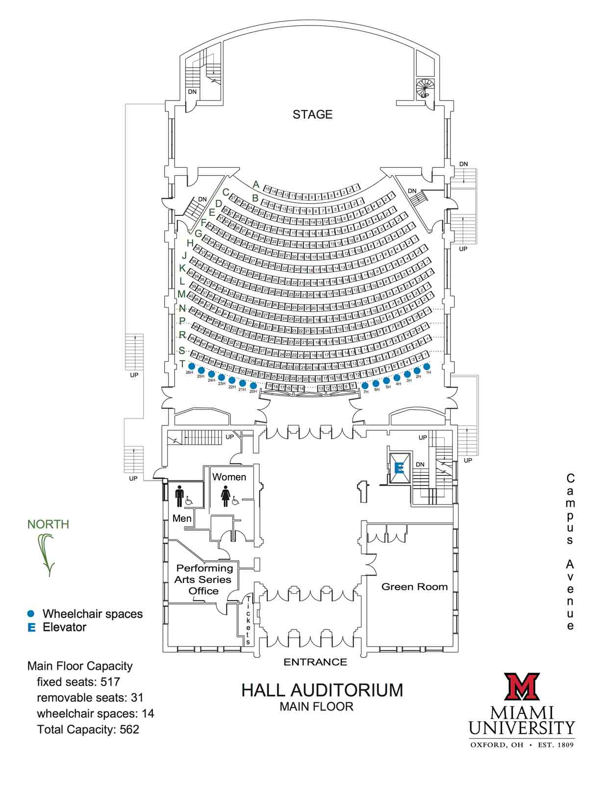 Hall Auditorium Main Floor Seating Chart showing one elevator and 517 fixed seats, 31 removeable seats, 14 wheelchair spaces giving a total capacity of 562