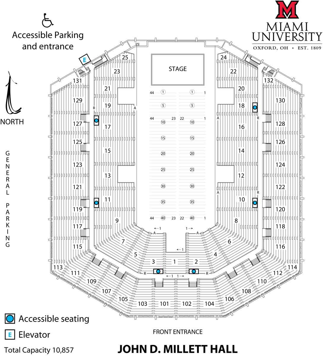 Millett Concert Seating chart showing one elevator, six areas of accessible seating, accessible parking and entrance on the north side of the building, general parking on the west side of the building and the main entrance located on the south side of the building, and a total capacity of 10,857.