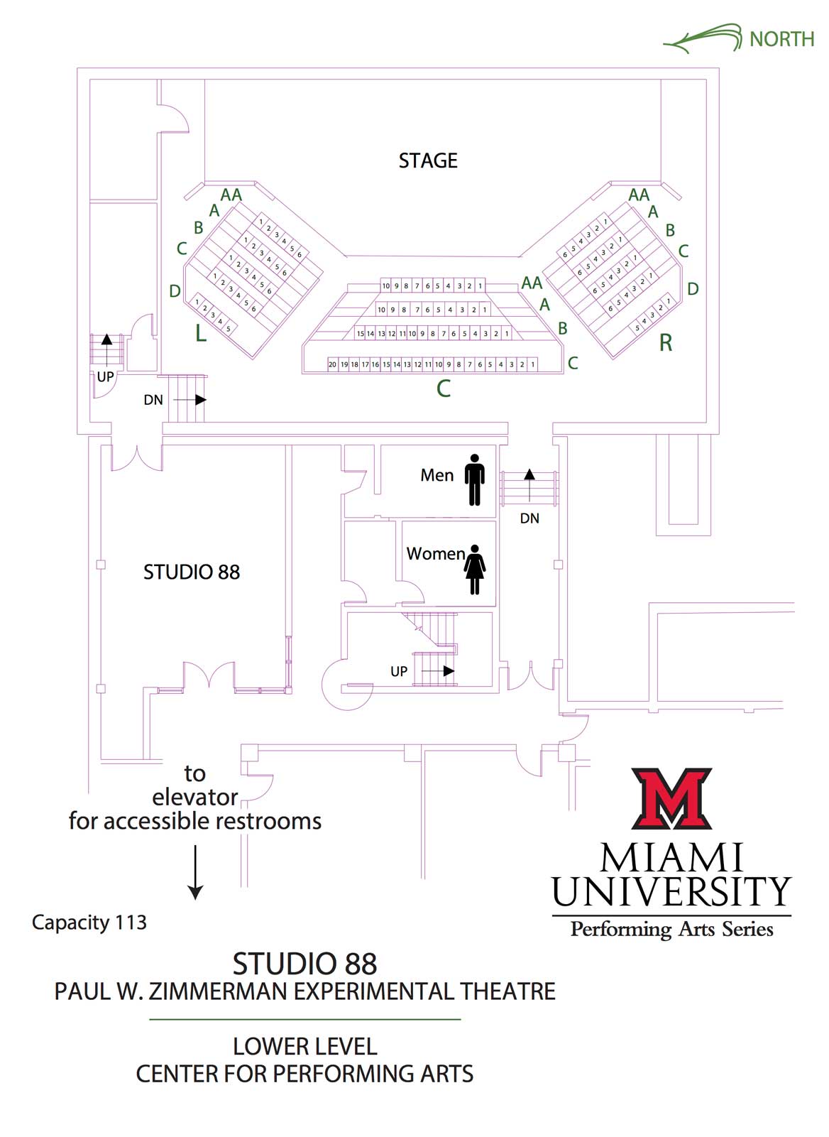 Studio 88 Seating Chart showing the capacity of 113 and the elevator to accessible restrooms.