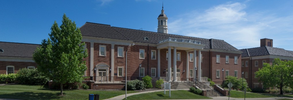 Front view of Benton Hall during the Spring