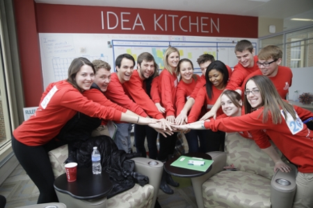 Team huddle in Idea Kitchen