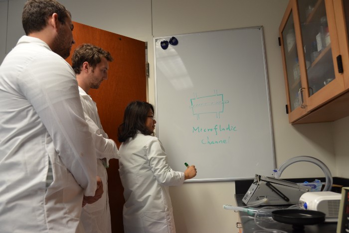 A professor and two students at a whiteboard