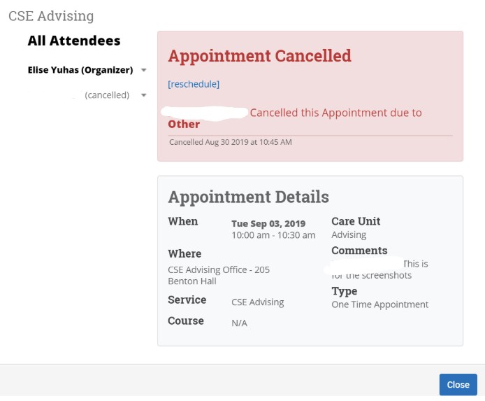 Once you click “Mark as Cancelled,” a confirmation will appear on the screen that says “Appointment Cancelled” and give the details of the appointment you cancelled. You should also receive a confirmation email of the cancellation in your Miami email account.