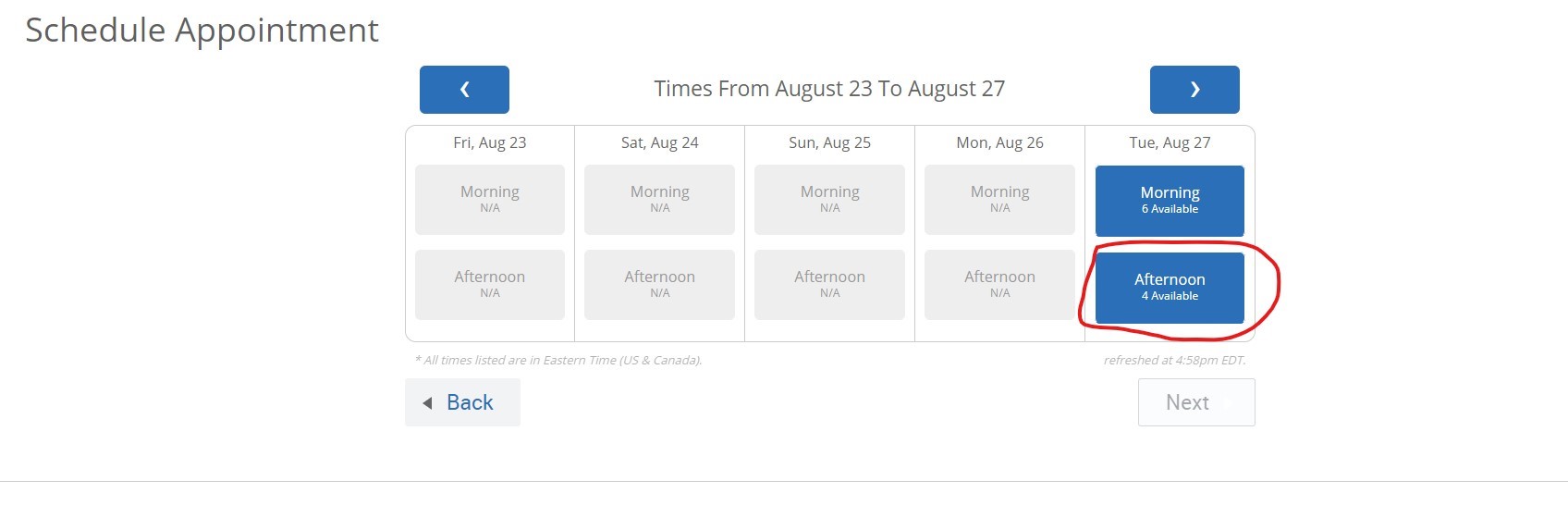 After you select the location and advisor you would like to meet with, the selected advisor's weekly calendar will appear. If you prefer to meet during a later week, select the right facing arrow on the top right corner of the screen to show future dates. When you find the day that you would like to meet with your advisor, click either the morning or afternoon box.