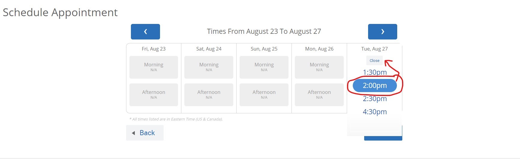 After you click the morning or afternoon box, a drop down menu of times that you and your advisor are mutually available will appear. Click on the time that you want to meet. The time will be highlighted in blue. Then click “close” at the top of the box.