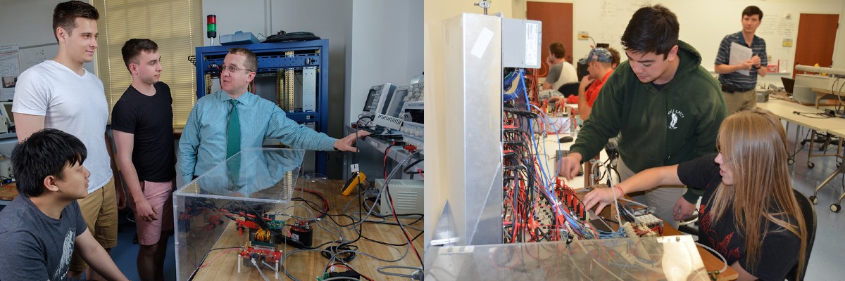 A collage of photos. On the left a faculty member is instructing students and on the right students are working on electronics