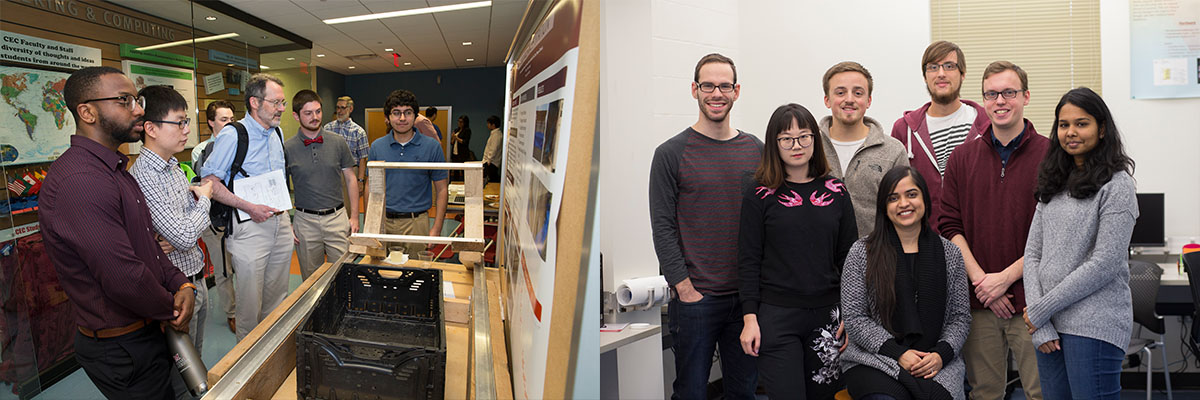 Two pictures: On the left students are showcasing their project and on the right students take a picture in the classroom