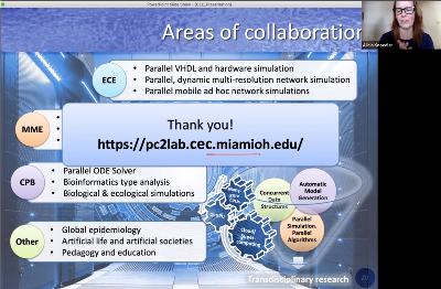 Screenshot of faculty research seminar showing different ways of collaboration between CEC departments. Dr. Alicia Knoedler is in the corner of the screen as a Zoom square.