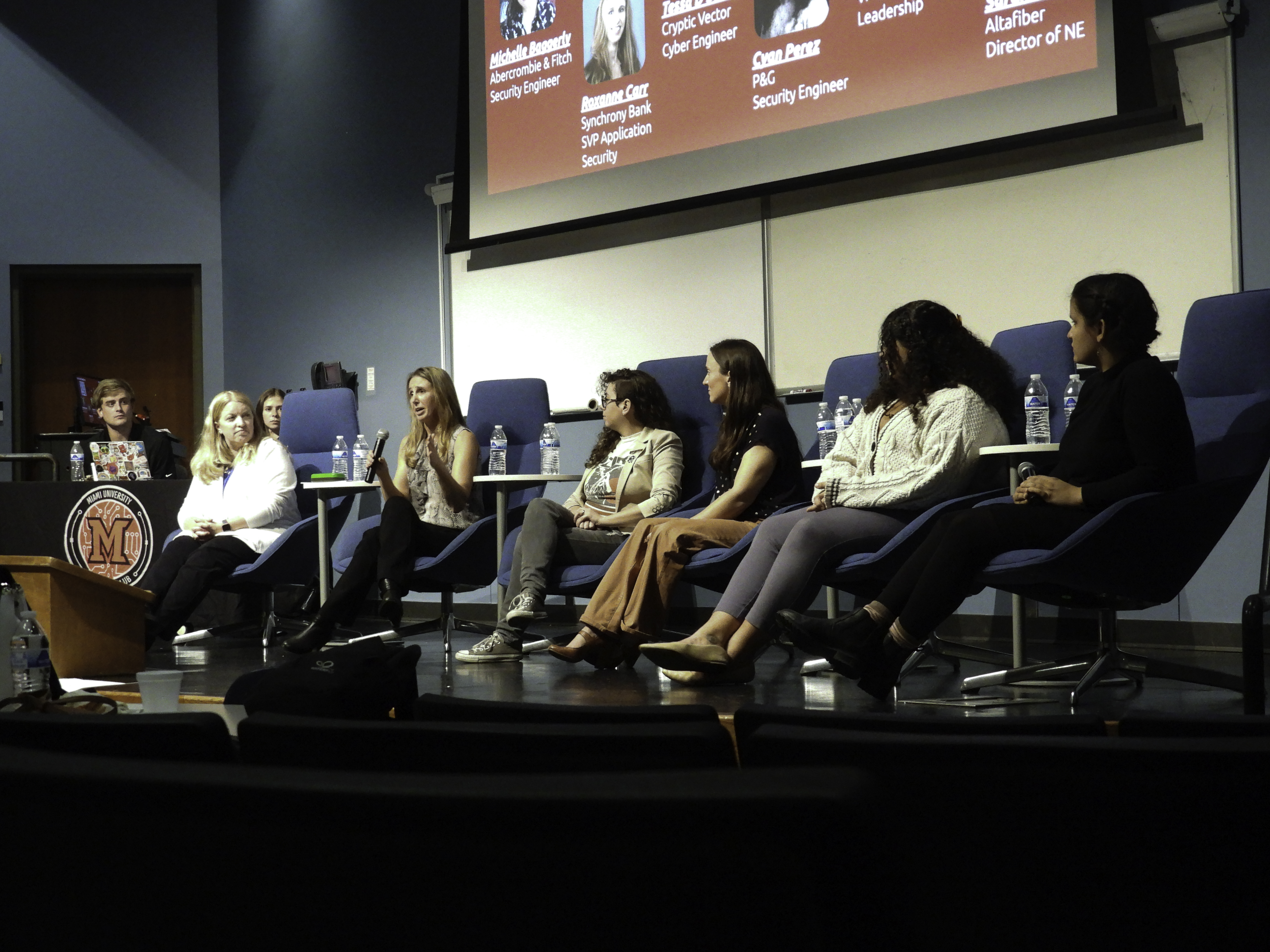 Maggie Schwab, Vice President of Product Leadership at Fifth Third Bank; Roxanne Carr, Vice President of Application Security at Synchrony Bank; Tessa D’Souza, Cyber Engineer at Cryptic Vector; Cyan Perez, Security Engineer at P&G; Sarah Frisbie, Director of Network Engineering at Altafiber; and Michelle Baggerly, a Miami alumna and Cyber Engineer at Abercrombie & Fitch.
