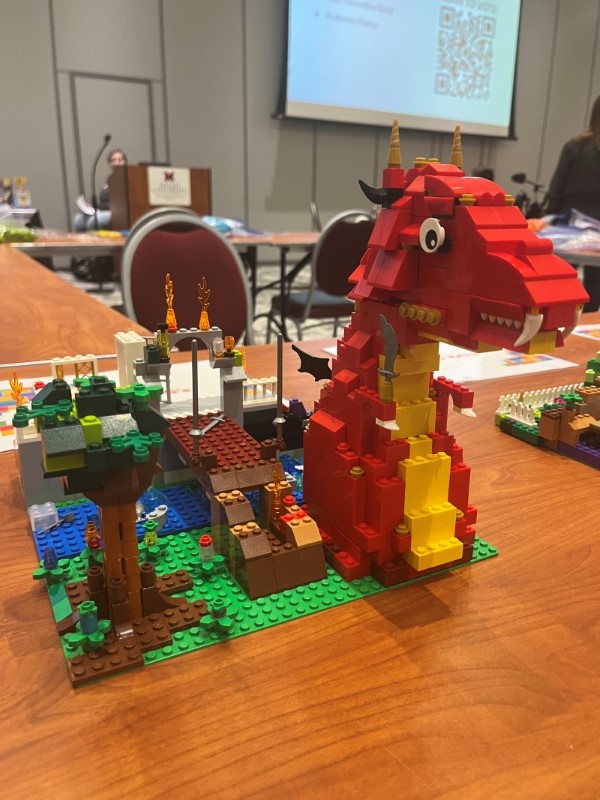 Lego build featuring a large red dragon