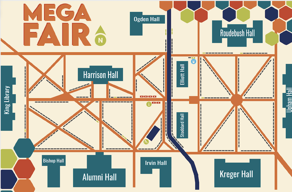 overhead map of academic quad, with building labeled and pathways dotted with gray boxes representing tables.