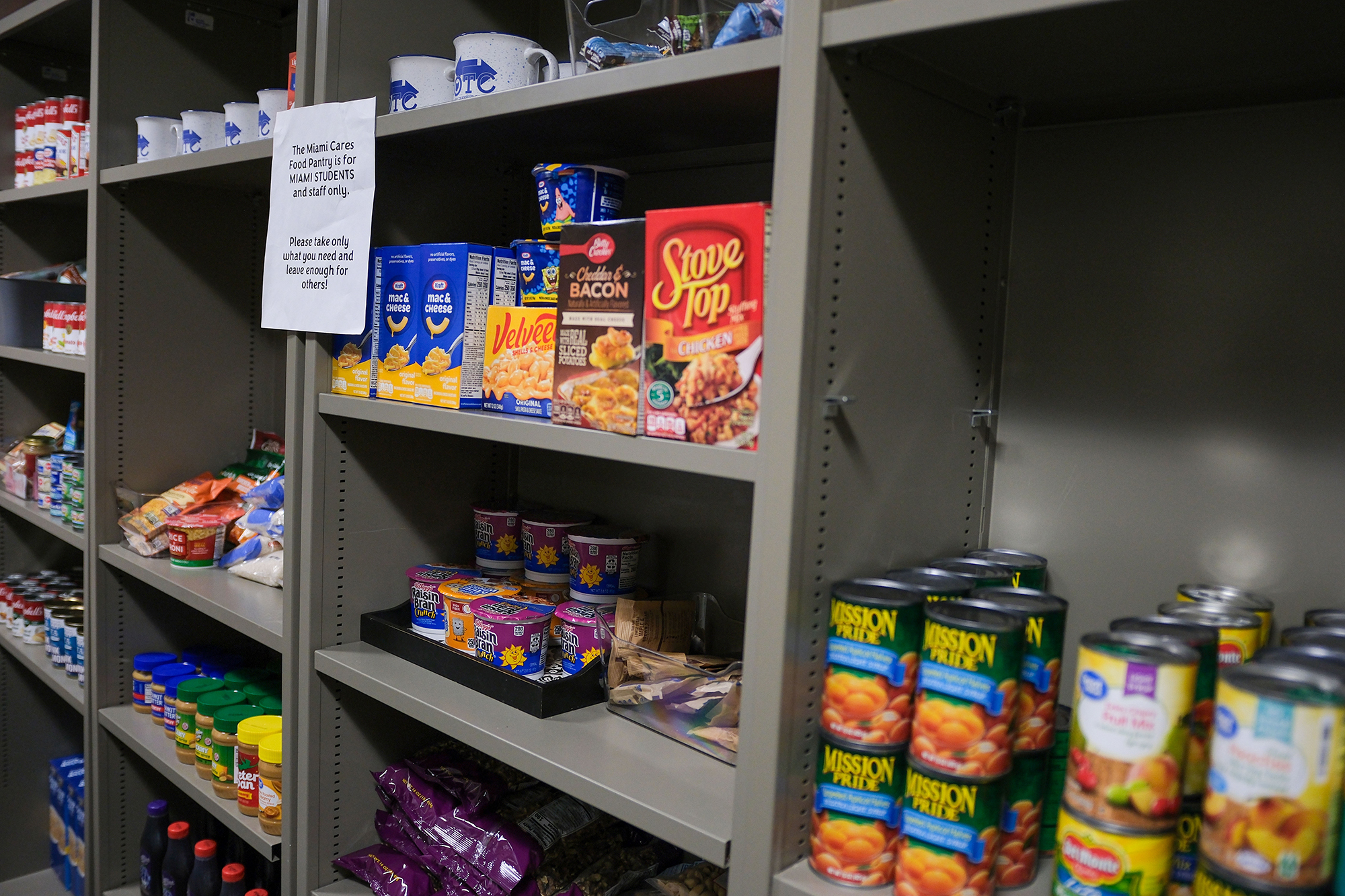 A view of stocked shelves in the Miami Cares Food Pantry.