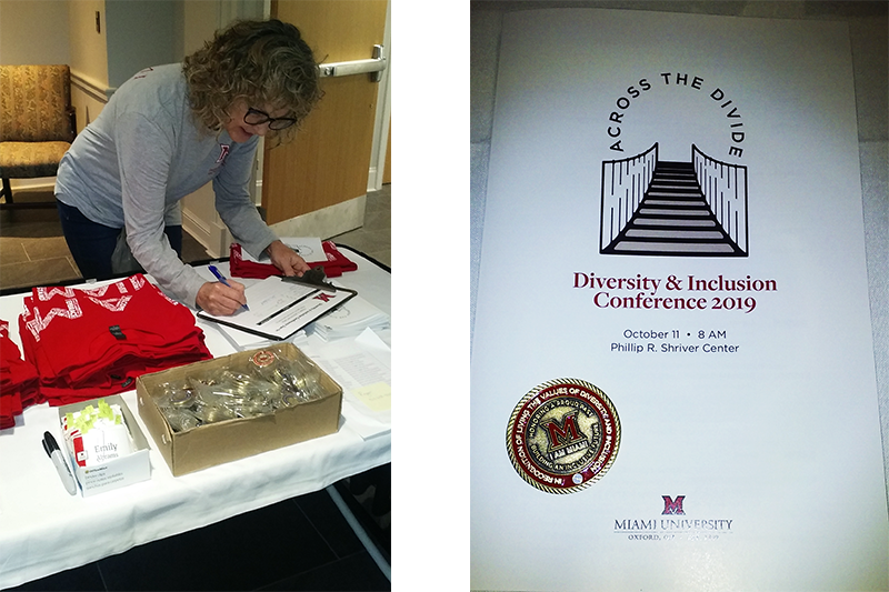At left, a woman signs in at the registration desk. At right, the conference program and one of the coins distributed to attendees