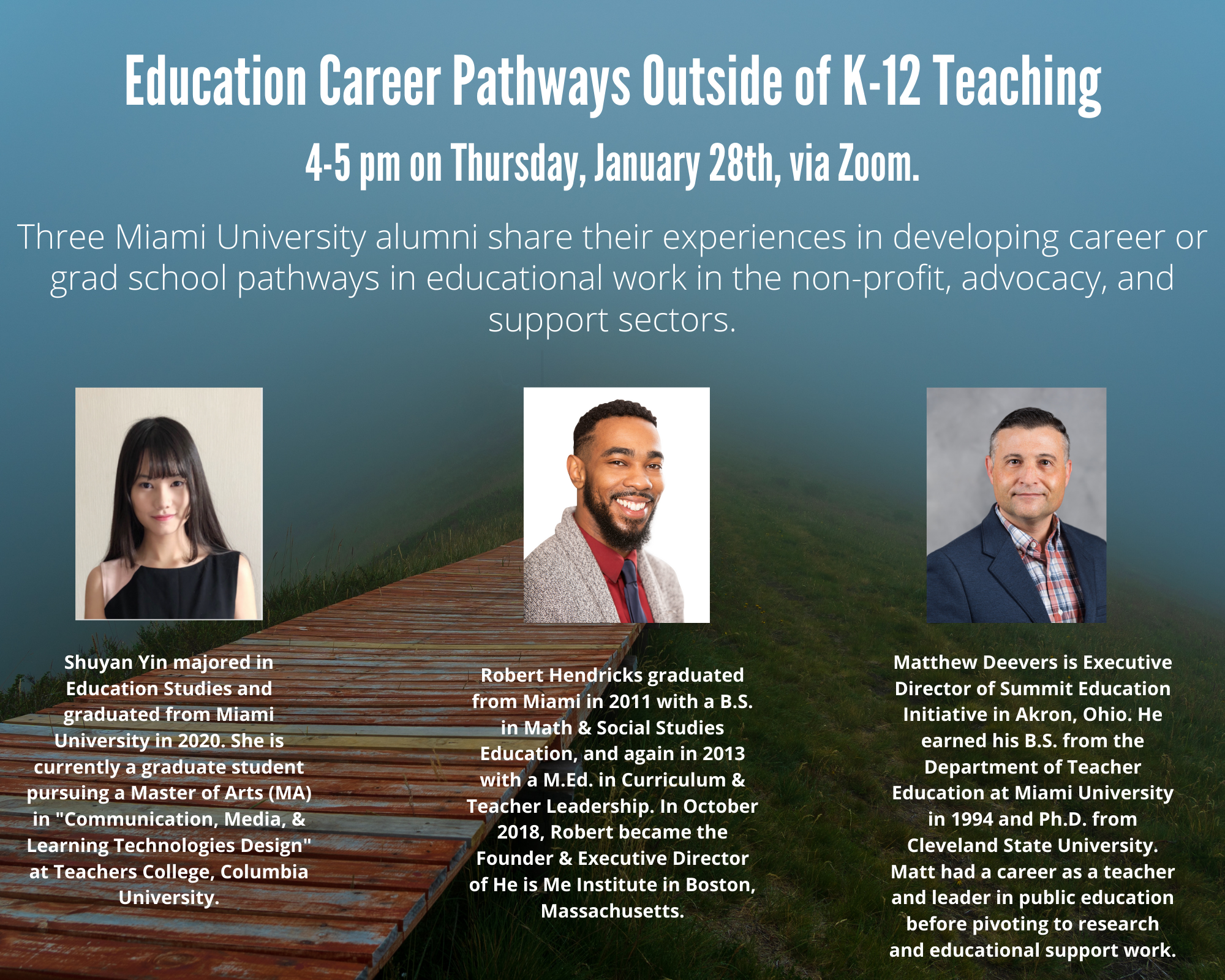 education career pathways outside of K-12 Teaching 4-5 pm on Thursday, January 28th, via Zoom. 