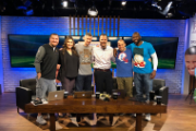 Set of Fantasy Football Live  (From left to right): Brandon Velaski (producer), Nicole Zaloumis (host), Andy Behrens (analyst), Brody Ruihley, Brad Evans (analyst), and Tank Williams (analyst)
