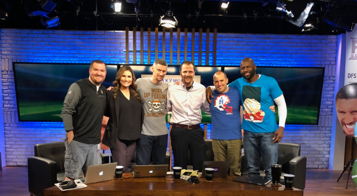 Set of Fantasy Football Live  (From left to right): Brandon Velaski (producer), Nicole Zaloumis (host), Andy Behrens (analyst), Brody Ruihley, Brad Evans (analyst), and Tank Williams (analyst)