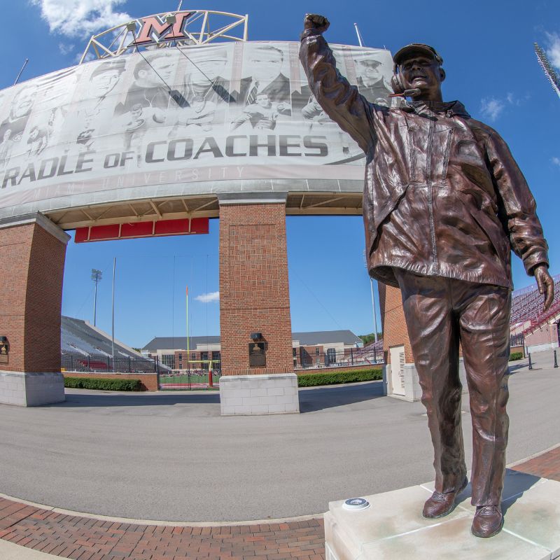 one of the many statues that are in the cradle of coaches on the Miami campus