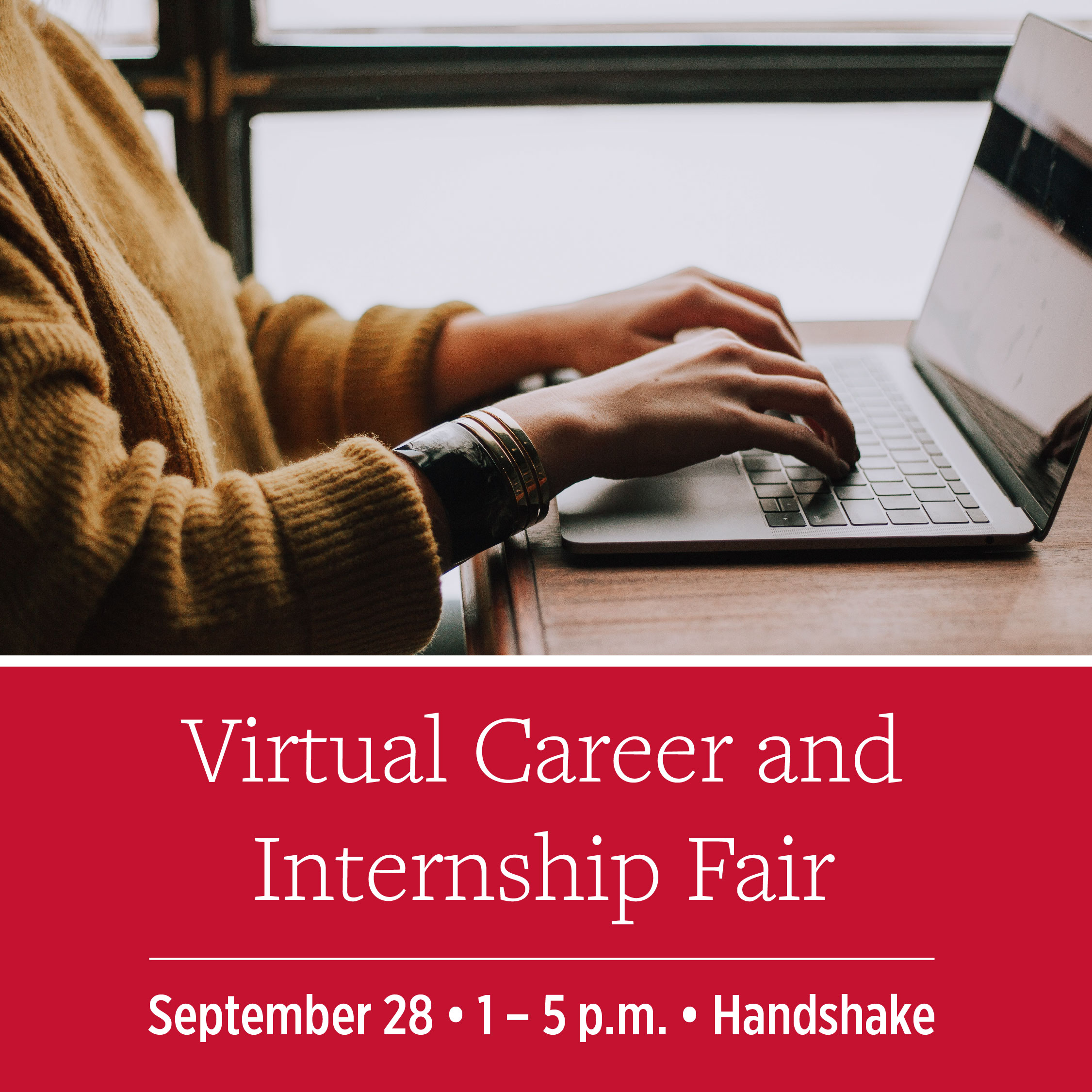  Photo of the Virtual Fall Career and Internship Fair on September 28, 1 – 5 p.m. on Handshake