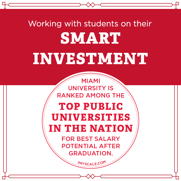  Working with students on their smart investment. Miami ranked among top universities in the nation for best salary potential after graduation.