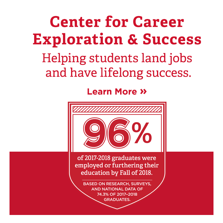 Center for career exploration and success. Helping students land jobs and have lifelong success. 96% of 2017-2018 graduates were employed or furthering their education by Fall of 2018 based on research, surveys, and national data. Learn more.