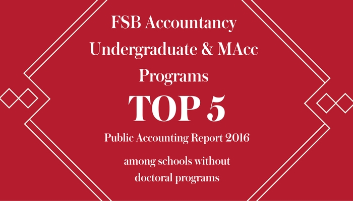 white text on red background - FSB Undergraduate and MAcc Programs Top 5 Public Accounting Report among schools without doctoral programs