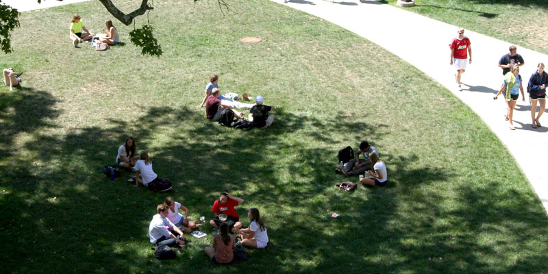 Students study and relax on lawn of the Farmer School of Business