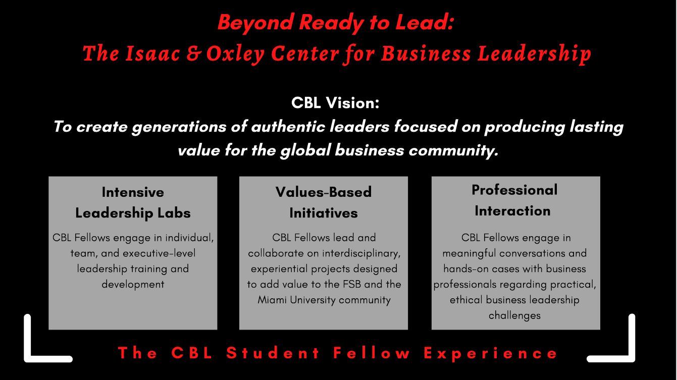 Beyond Ready to Lead:The Isaac & Oxley Center for Business LeadershipCBL Vision:To create generations of authentic leaders focused on producing lastingvalue for the global business community.Intensive Leadership Labs Values-Based Initiatives Professional Interaction CBL Fellows engage inmeaningful conversations andhands-on cases with businessprofessionals regarding practical,ethical business leadershipchallengesCBL Fellows lead andcollaborate on interdisciplinary,experiential projects designedto add value to the FSB and theMiami University communityCBL Fellows engage in individual,team, and executive-levelleadership training anddevelopment T h e   C B L   S t u d e n t   F e l l o w   E x p e r i e n c e