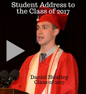 Student address to the class of 2017 by Daniel Huntley, MU 2017. Photo of Daniel with link to videotaped speech 