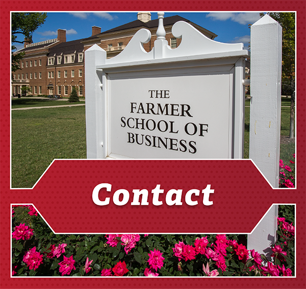 Contact Us - sign reading Farmer School of Business in front of the building