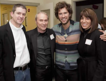 center for social entrepreneurship founders club, from left to right is Dr. Brett Smith, Founders Club member Frederic Holzberger, Founder of TOMS Shoes Blake Mycoskie, and Founders Club member Julie Holzberger