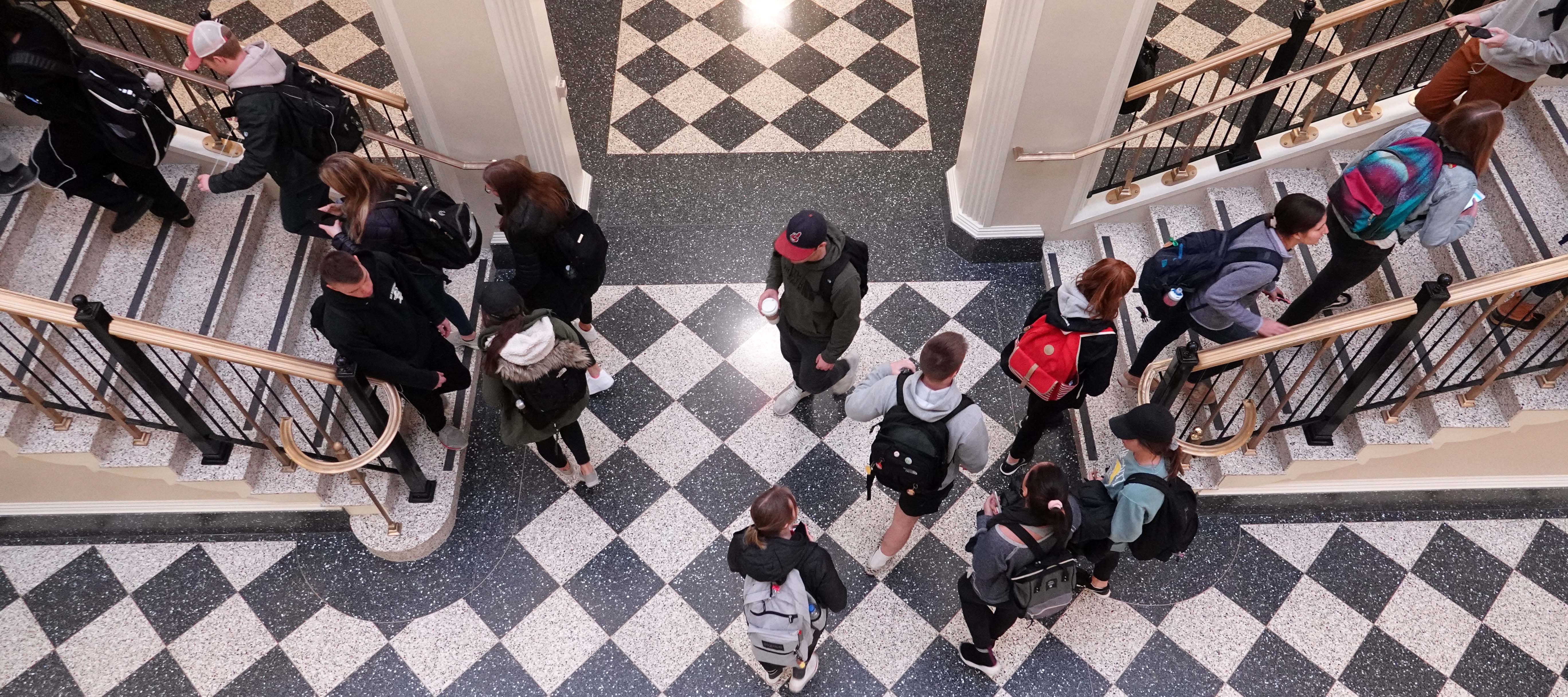  Students moving through the lower atrium during class change