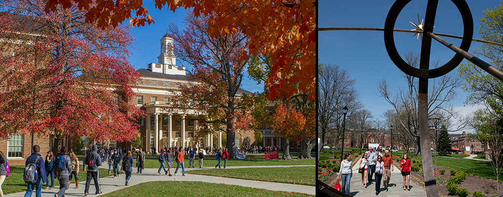 Left: Exterior of the Farmer School of Business in the fall. Right: View through the sundial of people walking on the sidewalk.