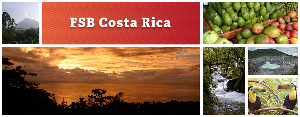 FSB Costa Rica. Photo collage: The sunset casts an orange glow on the ocean. Piles of fresh fruit. A mountain. A small waterfall. Two toucans. A 