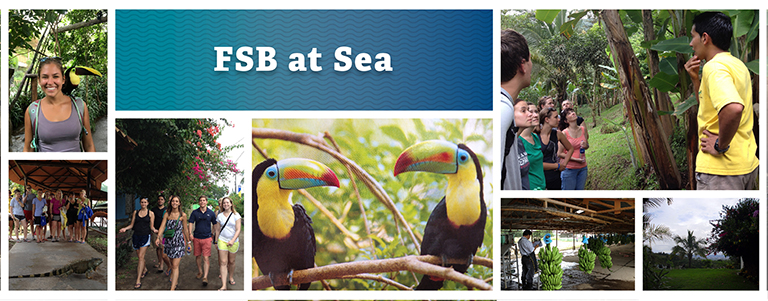 FSB at Sea Composite:  Female with Toucan bird on her shoulder, a group of students observing an Iguana,  a group of students walking in a tropical setting, two Toucan birds, banana plantation tour, bunches of bananas just harvested, and a tropical forest setting. 