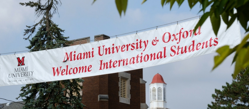 Uptown Oxford with a Welcome International Students sign